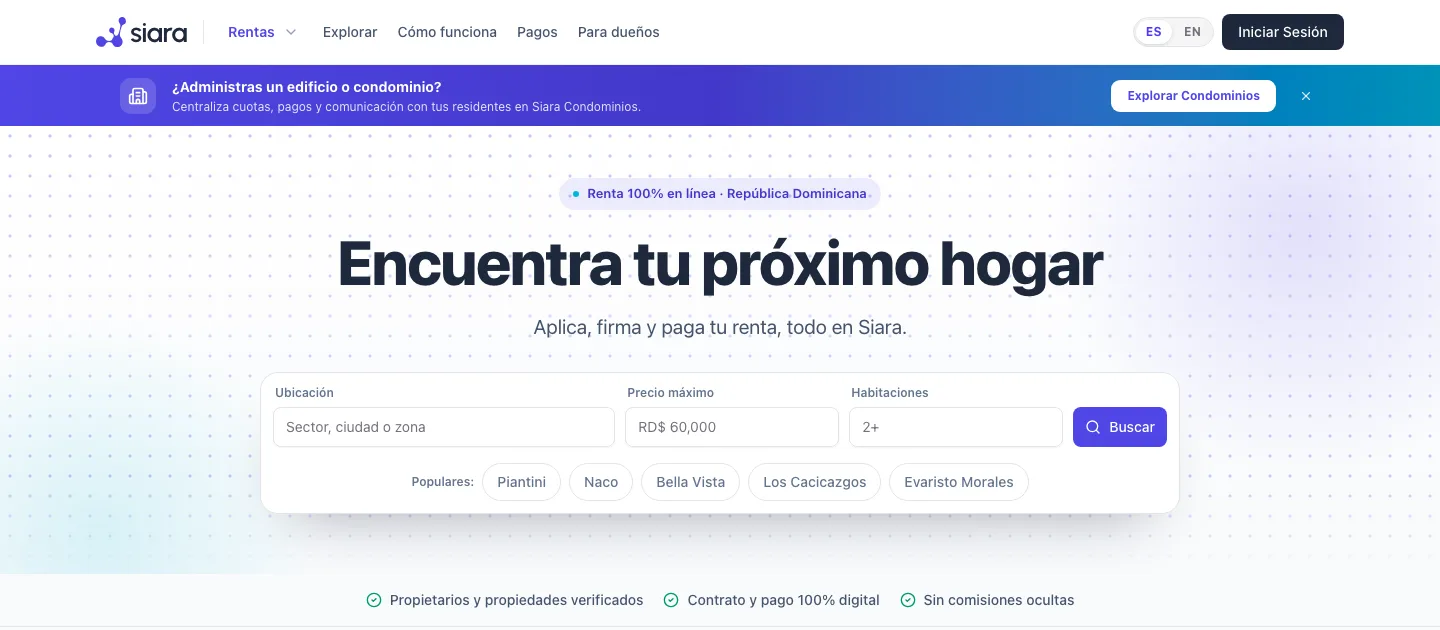 Buscador de Siara con filtros de ubicación, precio máximo y habitaciones, y sectores populares de Santo Domingo