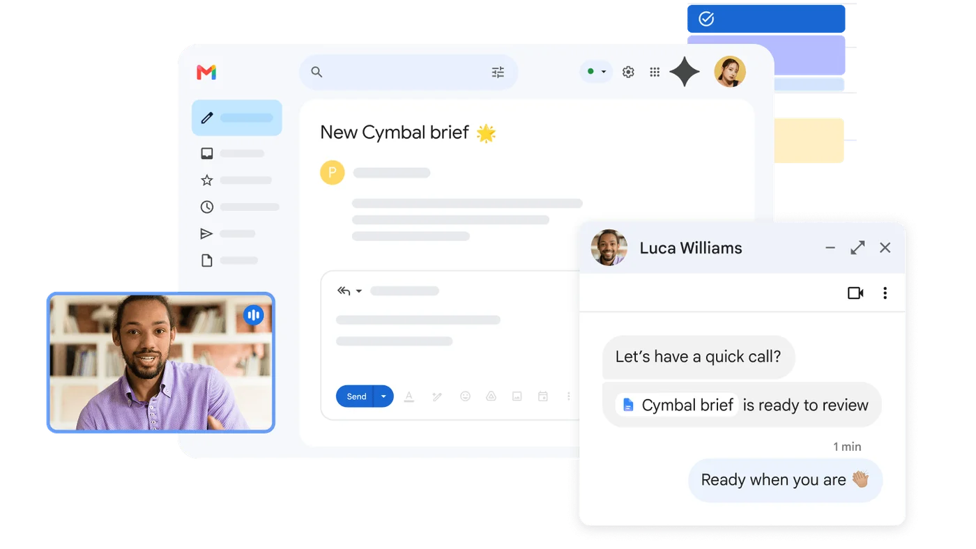 Gmail con un chat y una videollamada de Meet abiertos junto al correo