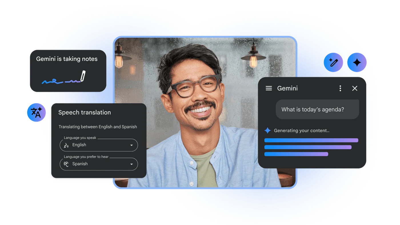 Videollamada de Google Meet con toma de notas y traducción de voz